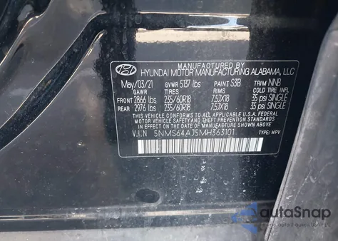 2021 Hyundai Santa Fe Sel z USA, uszkodzony, nr VIN 5NMS64AJ5MH363101